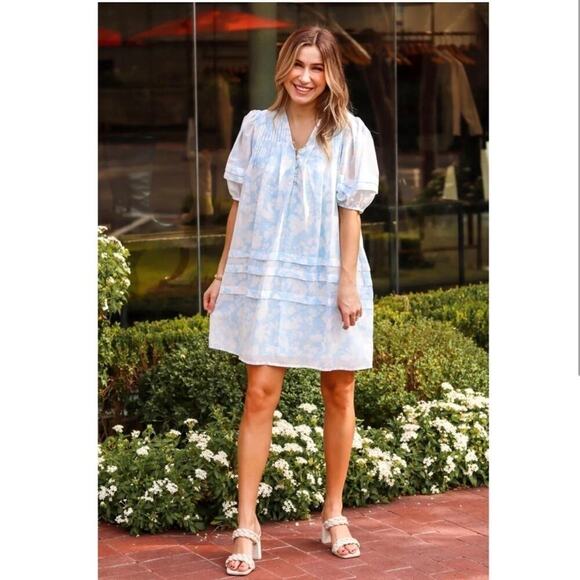 J. Marie Sky Print Swing Mini Dress Puffed Sleeves Sky Print Women's Small - Picture 2 of 14